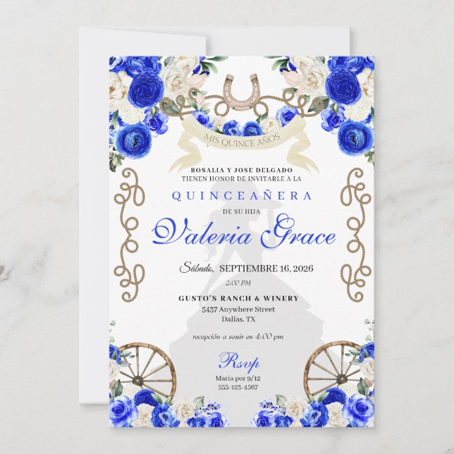 Invitation Royal Blue Rustic Western Charro Femme Quinceañera (Devant)