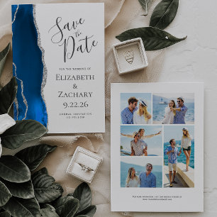 Invitation Royal Blue Silver Agate 5-Photo Enregistrer la dat