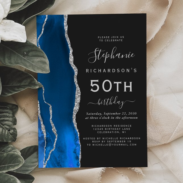 Invitation Royal Blue Silver Agate Dark 50th Birthday Party (Créateur téléchargé)