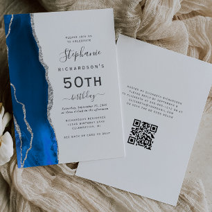 Invitation Royal Blue Silver Agate QR Code 50e anniversaire