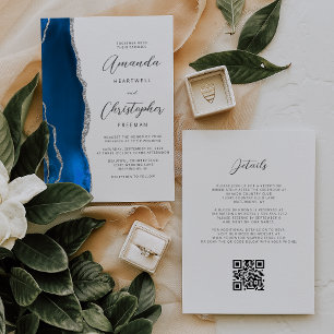 Invitation Royal Blue Silver Agate QR Code Mariage