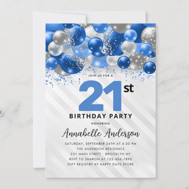 Invitation Royal Blue Silver Balloon Parties scintillant 21e  (Devant)