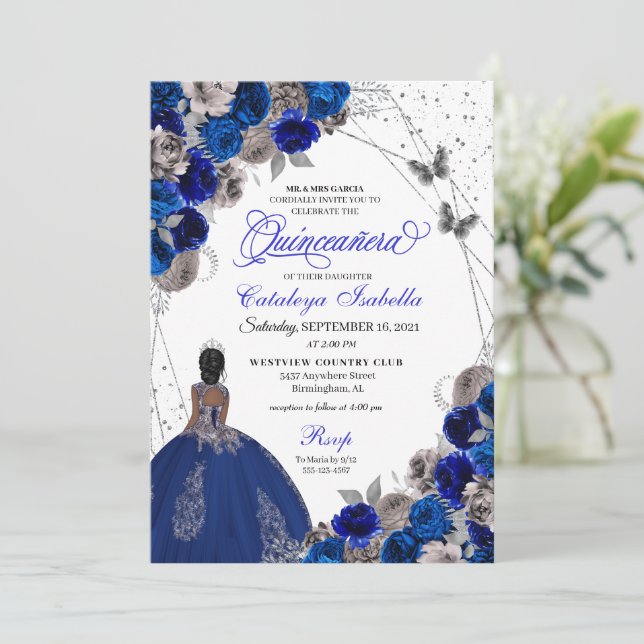 Invitation Royal Blue Silver Butterfly Princess Quinceanera (Debout devant)