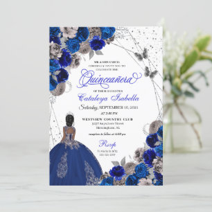 Invitation Royal Blue Silver Butterfly Princess Quinceanera