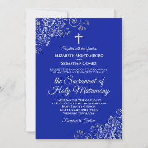 Invitation Royal Blue & Silver Chic Moderne Mariage catholiqu