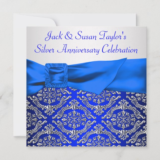 Invitation Royal Blue Silver Damask Argent 25e anniversaire (Devant)