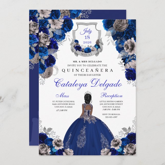 Invitation Royal Blue & Silver Floral Elegant Quinceañera (Devant / Derrière)