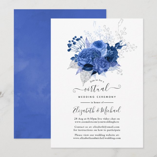 Invitation Royal Blue & Silver Floral Mariage virtuel en lign (Devant / Derrière)
