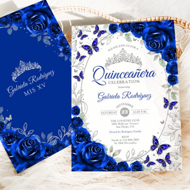 Invitation Royal Blue Silver Floral Quinceanera (Créateur téléchargé)