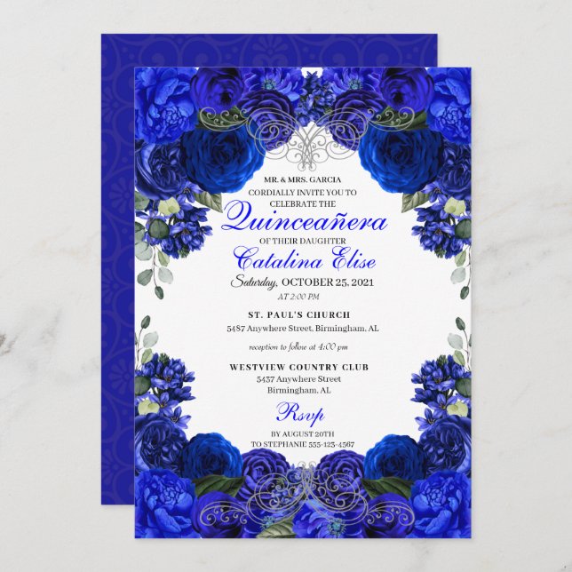 Invitation Royal Blue & Silver Floral Quinceanera Anniversair (Devant / Derrière)