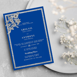 Invitation Royal Blue Silver Parties scintillant Floral éléga