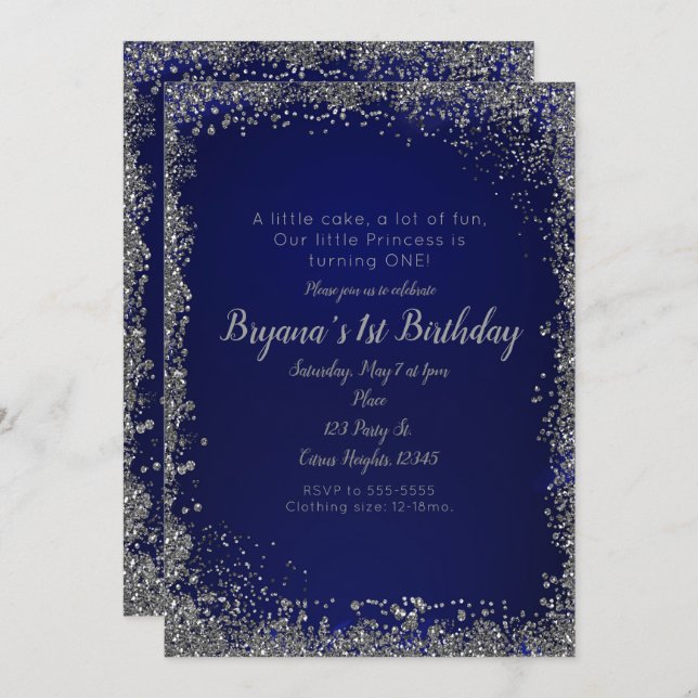 Invitation Royal Blue Silver Parties scintillant Glam 1st Ann (Devant / Derrière)