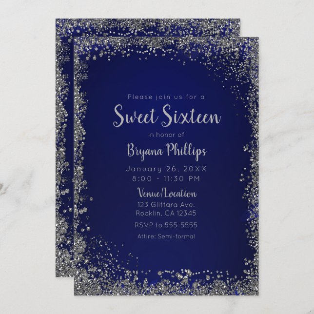 Invitation Royal Blue & Silver Parties scintillant Glam Sweet (Devant / Derrière)