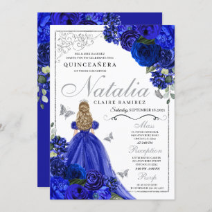 Invitation Royal Blue Silver Princess Butterflies Quinceañera