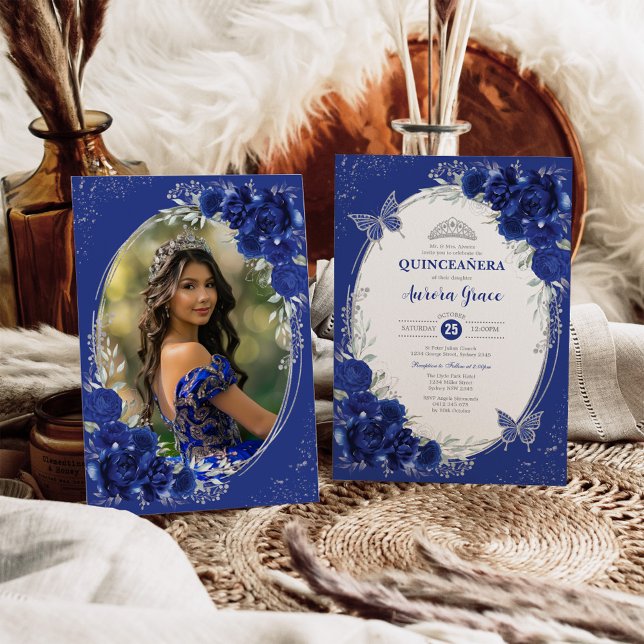 Invitation Royal Blue Silver Quinceañera 15e anniversaire Pho (Créateur téléchargé)