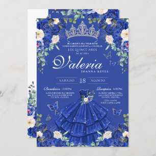 Invitation Royal Blue Silver Rose Élégante Princesse Quinces