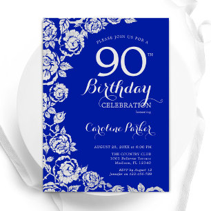 Invitation Royal Blue Silver Roses 90e fête d'anniversaire