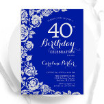 Invitation Royal Blue Silver Roses fête du 40e anniversaire<br><div class="desc">Invitation à la fête du 40e anniversaire Royal blue silver floral. Design élégant avec rose,  faux feuille d'argent et police de script de typographie. Carte invitation tendance parfaite pour une célébration anniversaire élégante. Peut être customisé à n'importe quel âge. Invitations Zazzle imprimées ou téléchargement instantané modèle imprimable numérique.</div>