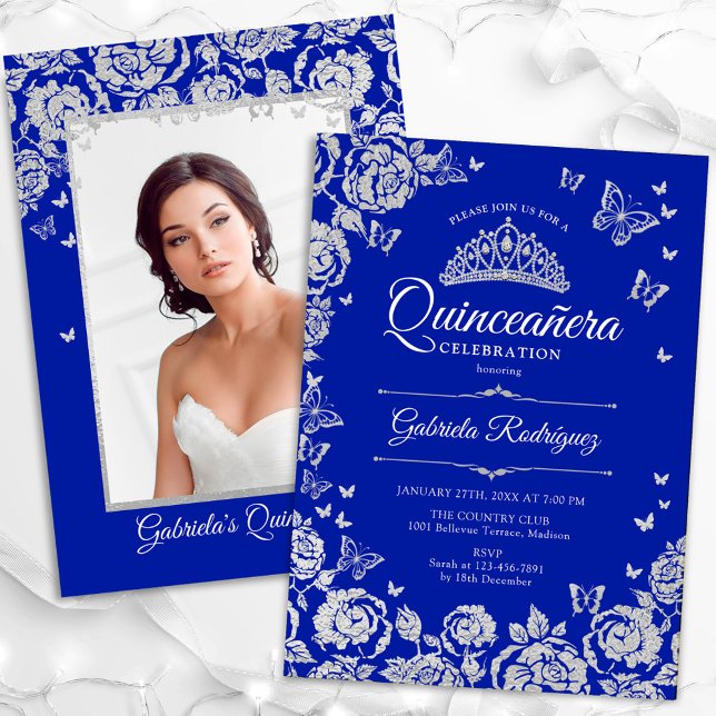 Invitation Royal Blue Silver Roses Quinceanera Photo (Créateur téléchargé)