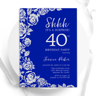 Invitation Royal Blue Silver Roses Surprise 40e anniversaire