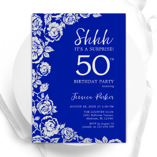 Invitation Royal Blue Silver Roses Surprise 50e anniversaire