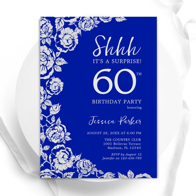 Invitation Royal Blue Silver Roses Surprise 60e anniversaire (Créateur téléchargé)