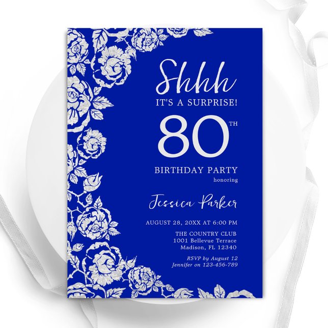 Invitation Royal Blue Silver Roses Surprise 80e anniversaire (Créateur téléchargé)