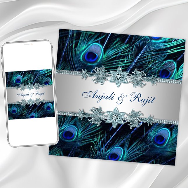 Invitation Royal Blue Silver Royal Indian Peacock Mariage (Elegant peacock wedding or any event invitation. Instant download and printed invitations available.)