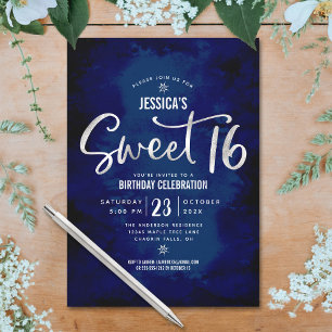 Invitation Royal Blue Silver Script Bold Sweet 16 Anniversair