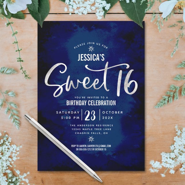 Invitation Royal Blue Silver Script Bold Sweet 16 Anniversair (Créateur téléchargé)