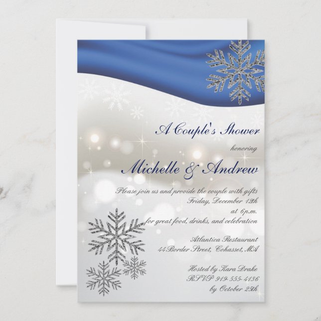 Invitation Royal Blue Silver Snowflakes Couple's Shower (Devant)