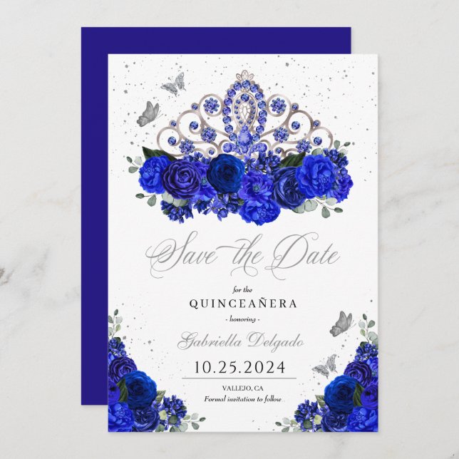 Invitation Royal Blue Silver Tiara Enregistrer La Date Quince (Devant / Derrière)