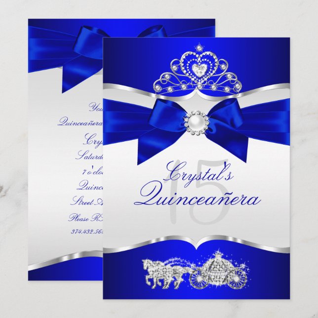 Invitation Royal Blue Silver Tiara Pearl Bow Quinceanera (Devant / Derrière)