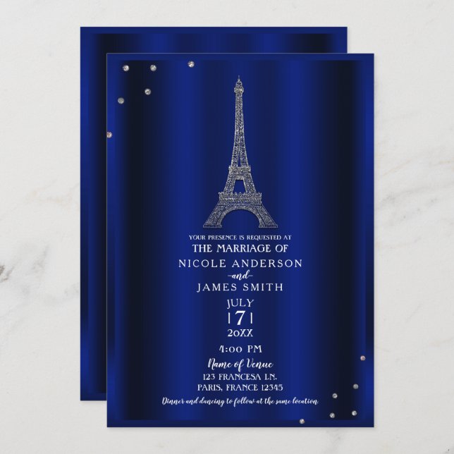 Invitation Royal Blue & Silver Tour Eiffel Paris Mariage (Devant / Derrière)