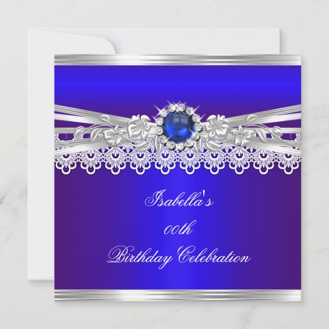 Invitation Royal Blue Silver White Pearl Lace Floral Annivers (Devant)