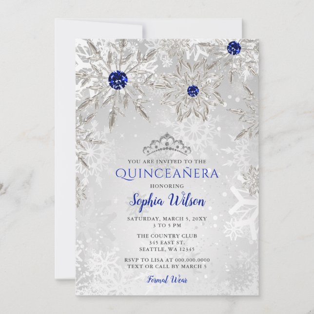 Invitation Royal Blue Snowflakes Tiara Quinceañera (Devant)