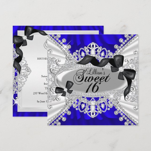 Invitation Royal Blue Sparkle Diamond & Bow pour l (Devant / Derrière)