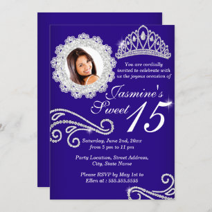 Invitation Royal Blue Sparkle Diamond Tiara Photo Quinceanera