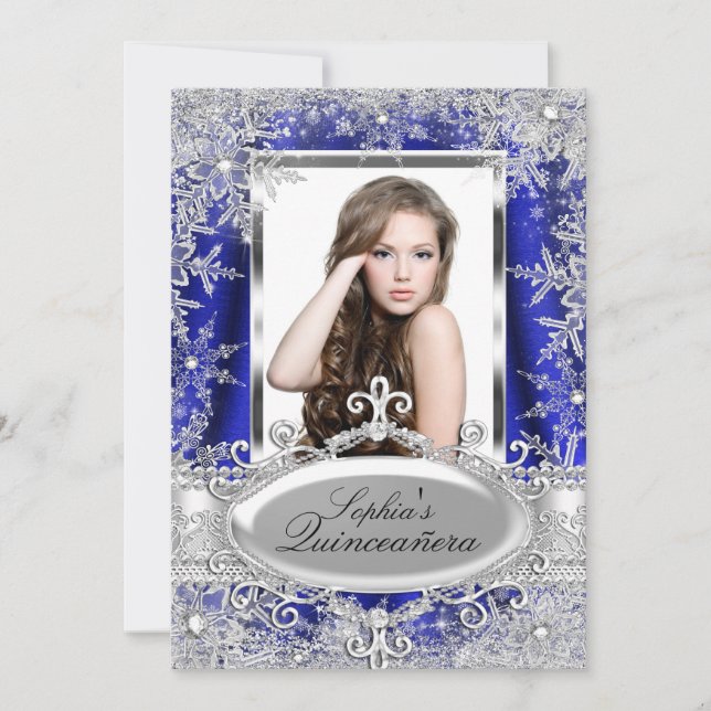 Invitation Royal Blue Sparkle Jewel Flocon de neige Quinceane (Devant)