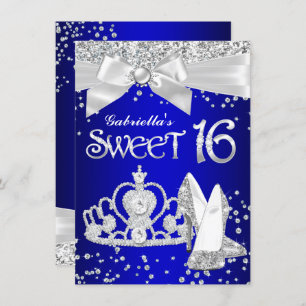 Invitation Royal Blue Sparkle Tiara Heels Sweet 16 Party