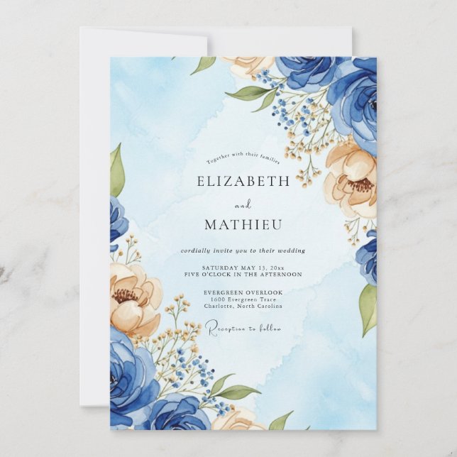 Invitation Royal Blue Stately Watercolor Wedding (Devant)