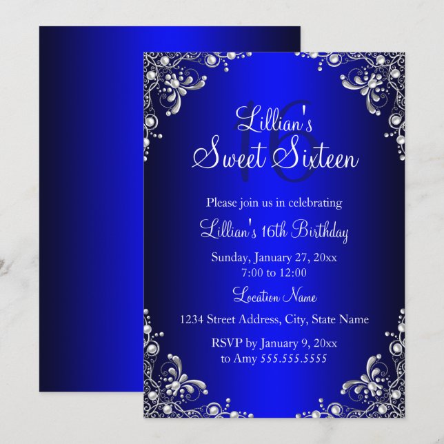 Invitation Royal Blue Sweet 16 Argent Perle Damassé (Devant / Derrière)