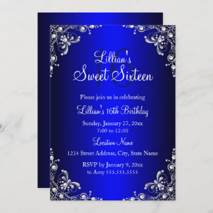 Invitation Royal Blue Sweet 16 Silver Pearl Damask