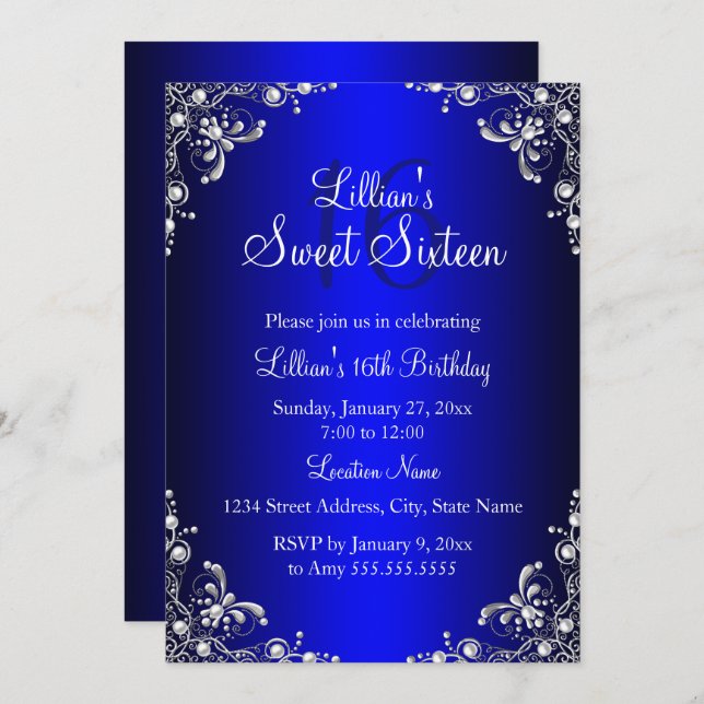 Invitation Royal Blue Sweet 16 Silver Pearl Damask (Devant / Derrière)