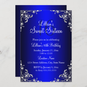 Invitation Royal Blue Sweet 16 Silver Pearl Damask