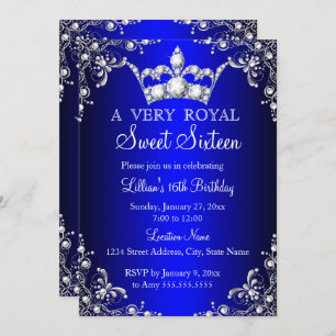 Invitation Royal Blue Sweet 16 Silver Pearl Damask couronne