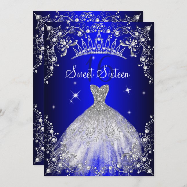 Invitation Royal Blue Sweet 16 Silver Pearl Dress fête (Devant / Derrière)