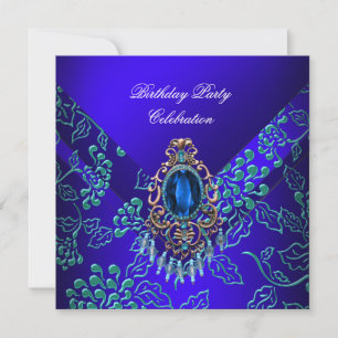 Invitation Royal Blue Turquoise Damask Floral fête d'annivers