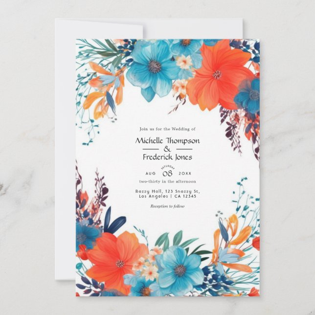 Invitation Royal Blue, Turquoise et Coral Floral Mariage (Devant)