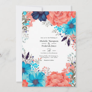 Invitation Royal Blue, Turquoise et Coral Floral Mariage